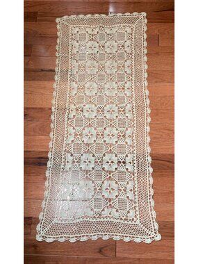 Handmade Crochet Lace Table Runner 34x16 Beige Vintage Decorative Floral Accent